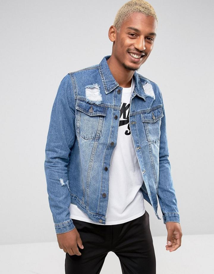 Criminal Damage Denim Jacket With Distressing - Blue