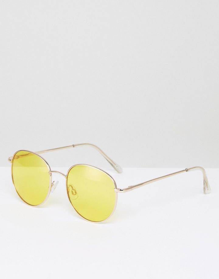 Asos 90s Round Sunglasses With Yellow Colored Lens - Gold