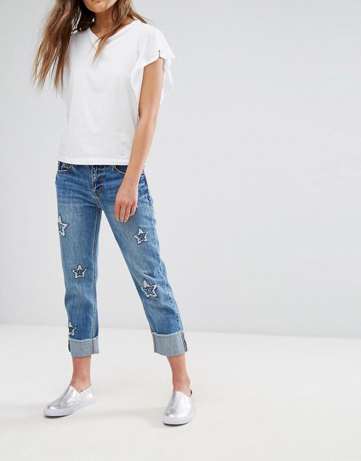 Mango Star Detail Cropped Jeans - Blue