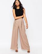 Love Wide Leg Pants With Lace Up Detail - Beige