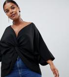 Asos Design Curve Knot Front Top With Kimono Sleeve - Black