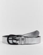 Asos Skinny Metallic Leather Belt In Silver - Silver
