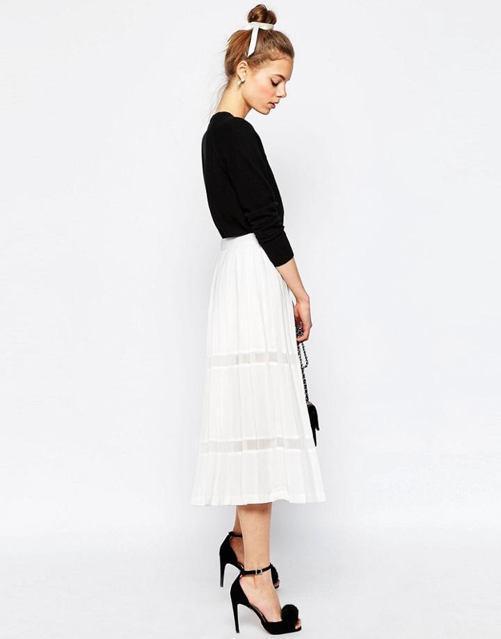 Asos Premium Pleated Culottes With Sheer Inserts - White