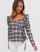 Asos Design Long Sleeve Wrap Top With Sweetheart Neckline In Check - Multi