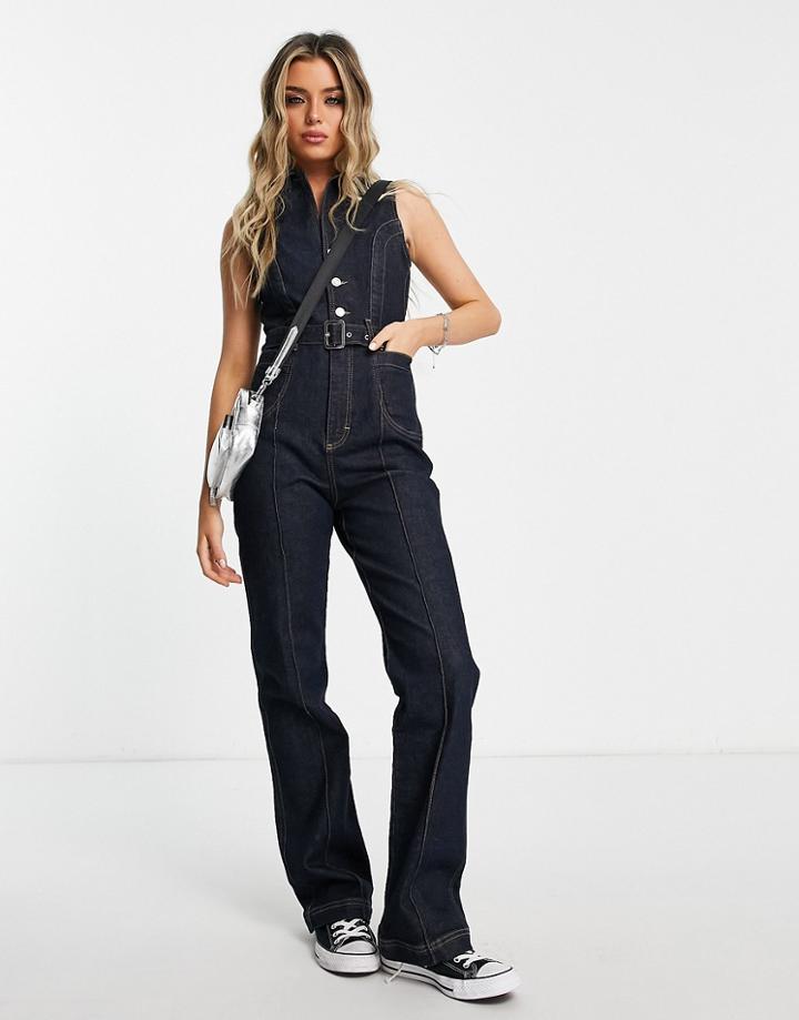 Topshop 70s Jumpsuit In Indigo-blue