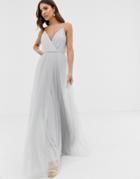 Asos Design Cami Pleated Tulle Maxi Dress-silver