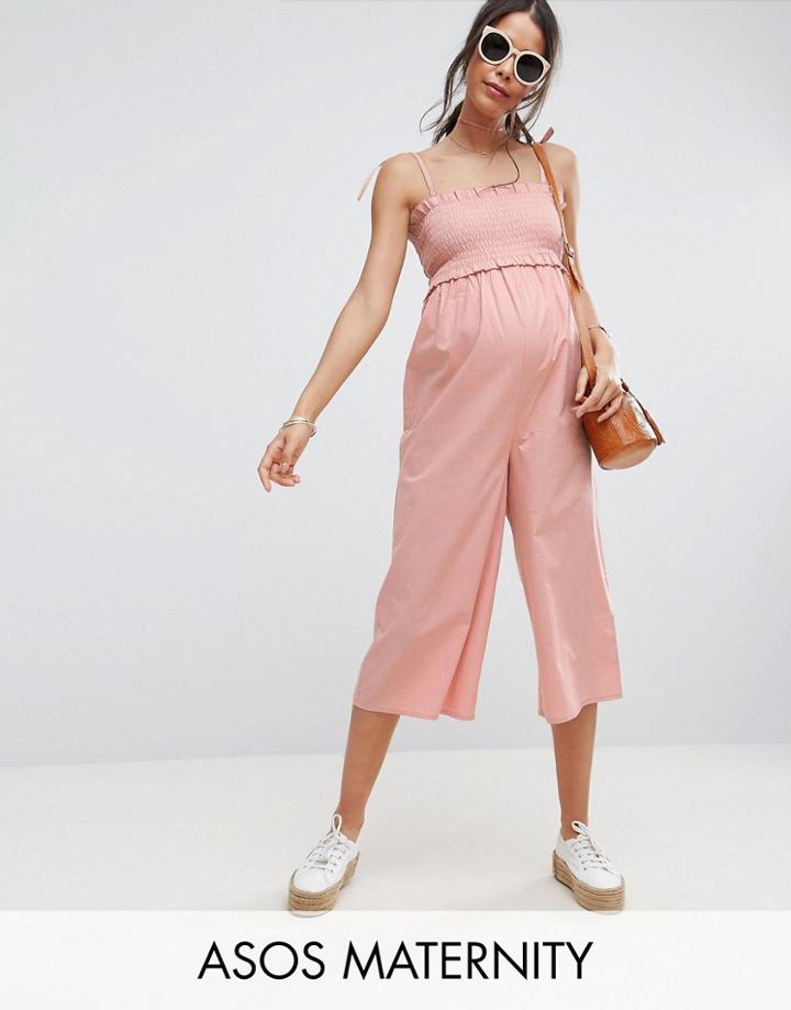 Asos Maternity Jumpsuit In Cotton With Shirred Bodice - Pink