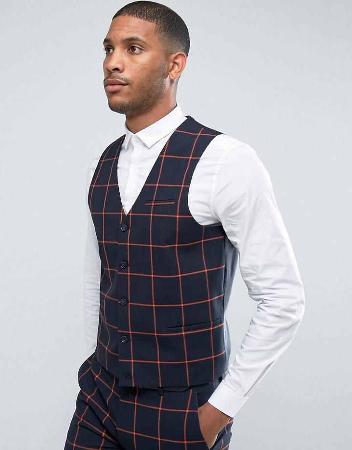 Asos Super Skinny Suit Vest In Navy With Orange Windowpane Check - Navy