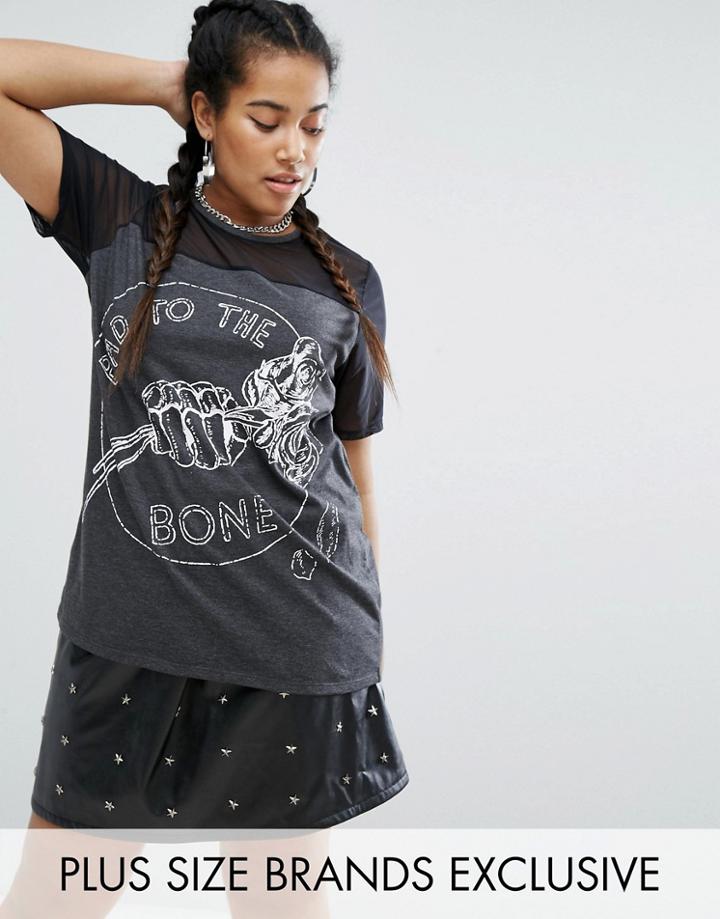 Daisy Street Plus Band Tee With Mesh Insert - Gray