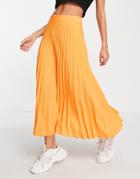 River Island Pleated Midi Skirt In Orange