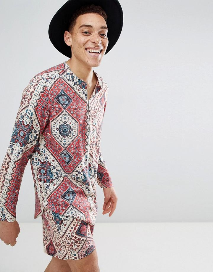 Asos Design Festival Two-piece Regular Overhead Viscose Shirt With Geo-tribal Design - Beige