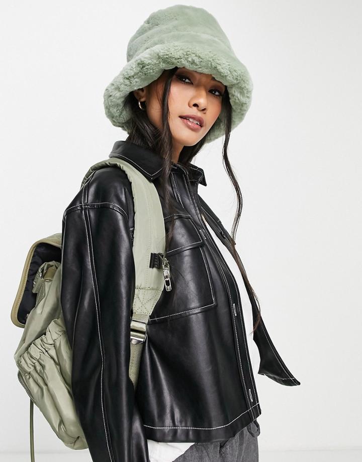 Asos Design Faux Fur Roll Back Bucket Hat In Sage-green