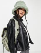 Asos Design Faux Fur Roll Back Bucket Hat In Sage-green