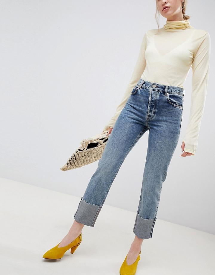 Asos Design Florence Authentic Straight Leg Jeans In Oxford Wash With Deep Turn Up-blue