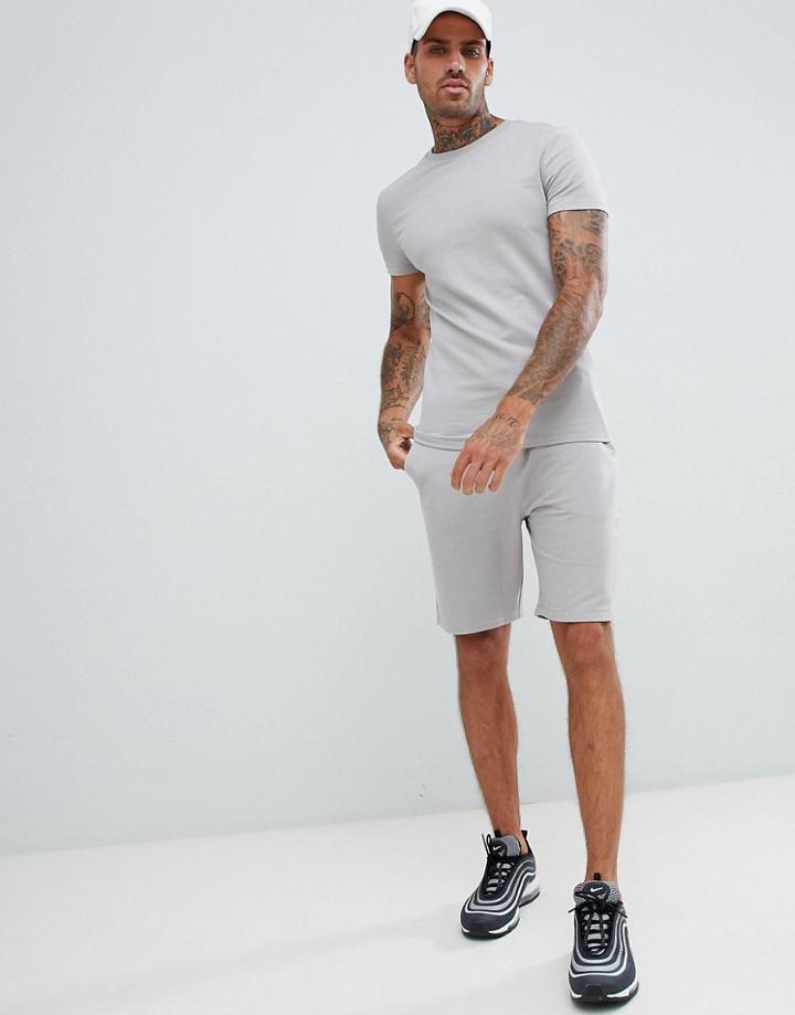 Asos Tracksuit Muscle Short Sleeve Sweatshirt/skinny Short In Light Gray - Gray