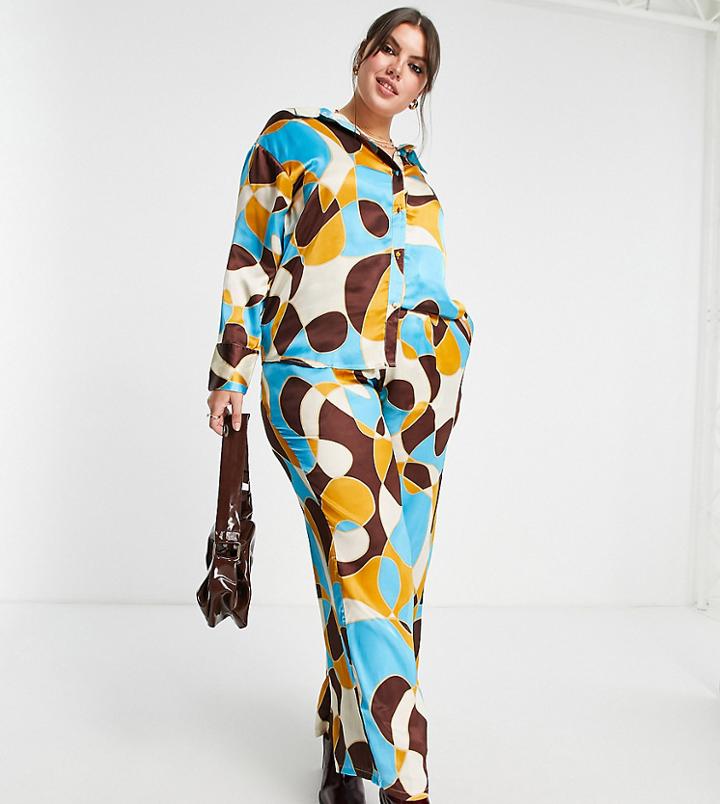 Neon Rose Plus Wide Leg Satin Pants In 70s Retro Print - Part Of A Set-multi
