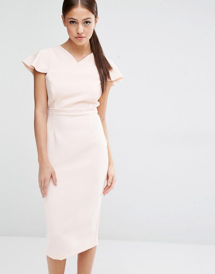 Vesper Pencil Dress With Frill Sleeve - Blush Nude