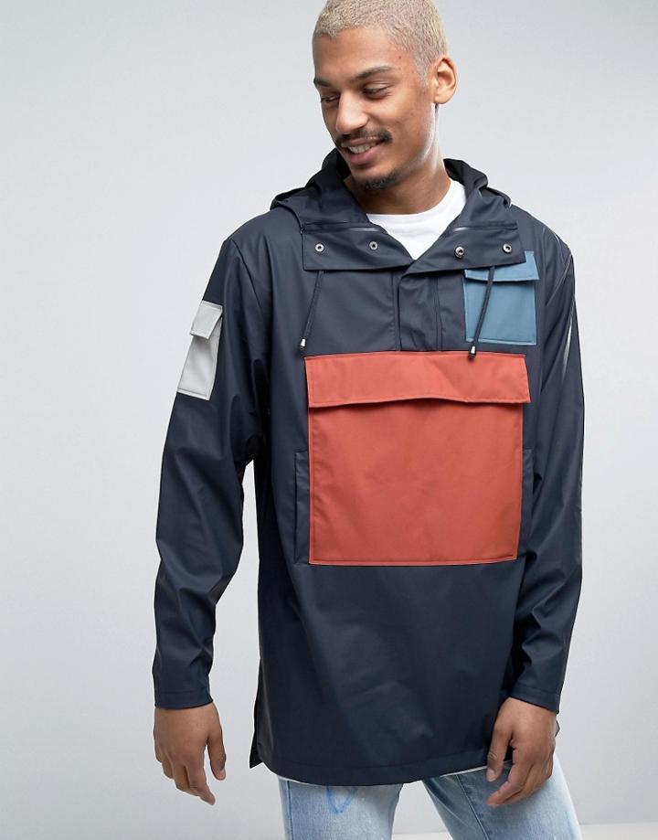 Rains Camp Anorak Overhead Jacket Waterproof Block Colors In Navy - Navy