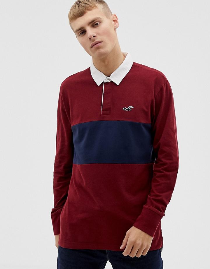 Hollister Icon Logo Chest Panel Long Sleeve Rugby Polo In Burgundy/navy - Red