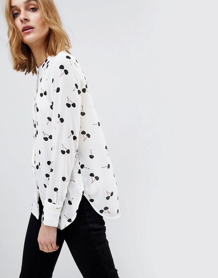Warehouse Cherry Print Collarless Shirt - White