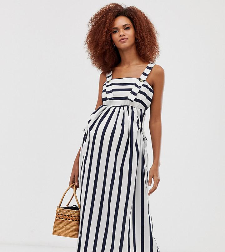 Asos Design Maternity Overall Midi Sundress With Pocket Detail In Stripe Print-multi