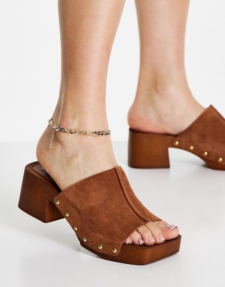 Asos Design Hopscotch Premium Suede Clog Mid Heeled Sandals In Tan-brown