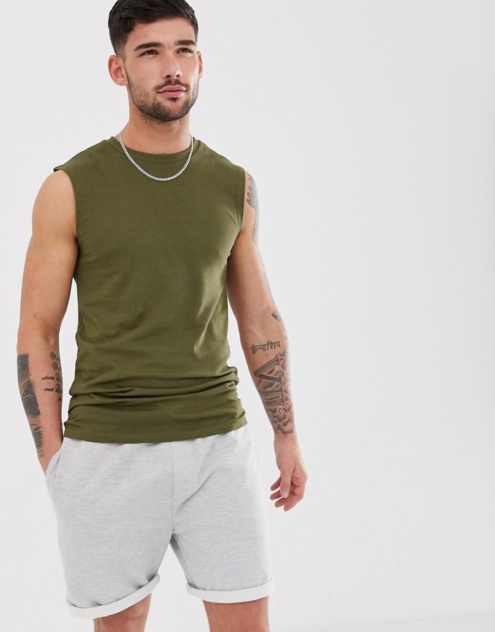 Asos Design Organic Muscle Fit Tank Tank In Khaki-green