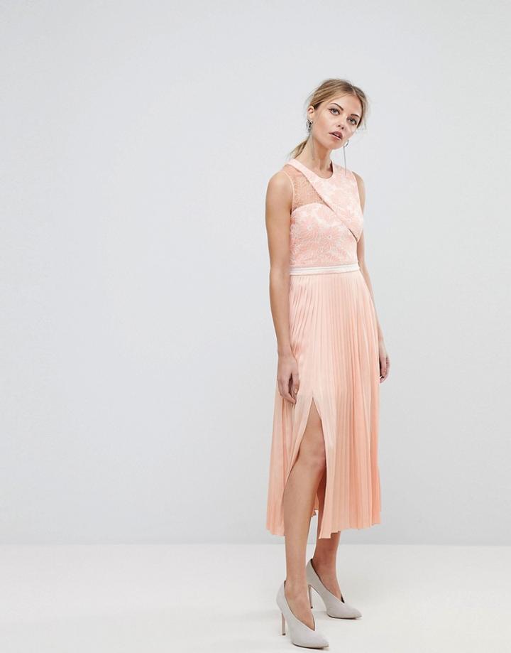 Three Floor Asymmetric Shoulder Pleated Midi Dress - Pink