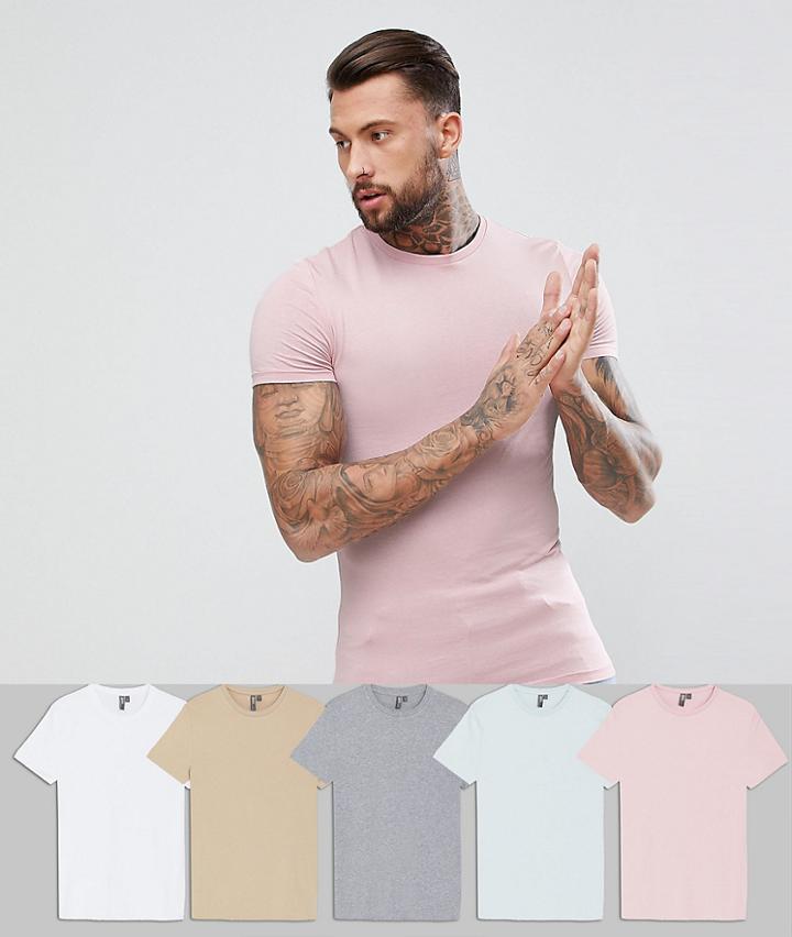 Asos Design Muscle Fit T-shirt With Crew Neck 5 Pack Multipack Saving - Multi