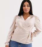 Asos Design Curve Long Sleeve Wrap Top In Satin