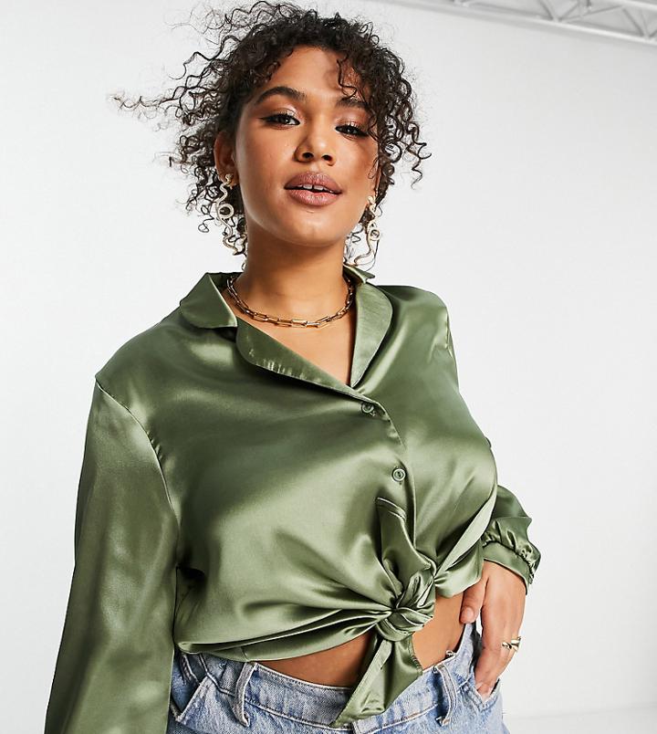 Flounce London Plus Oversized Satin Shirt In Khaki-green