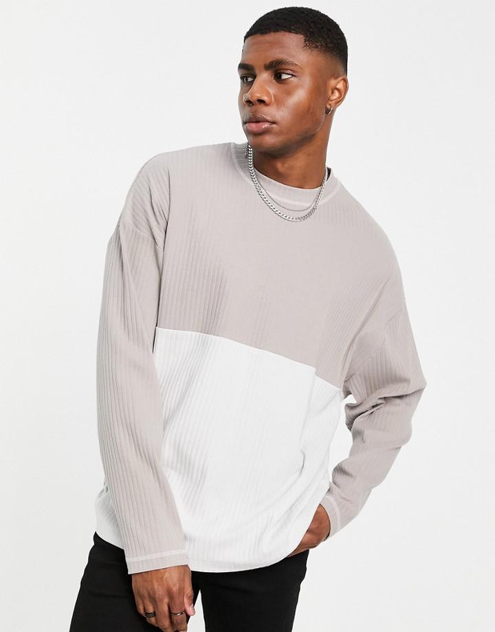 Asos Design Oversized Long Sleeve T-shirt In Beige Rib Color Block-neutral