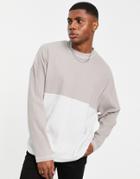 Asos Design Oversized Long Sleeve T-shirt In Beige Rib Color Block-neutral