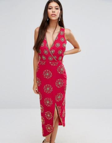Virgos Lounge Daria Embellished Midi Dress - Red