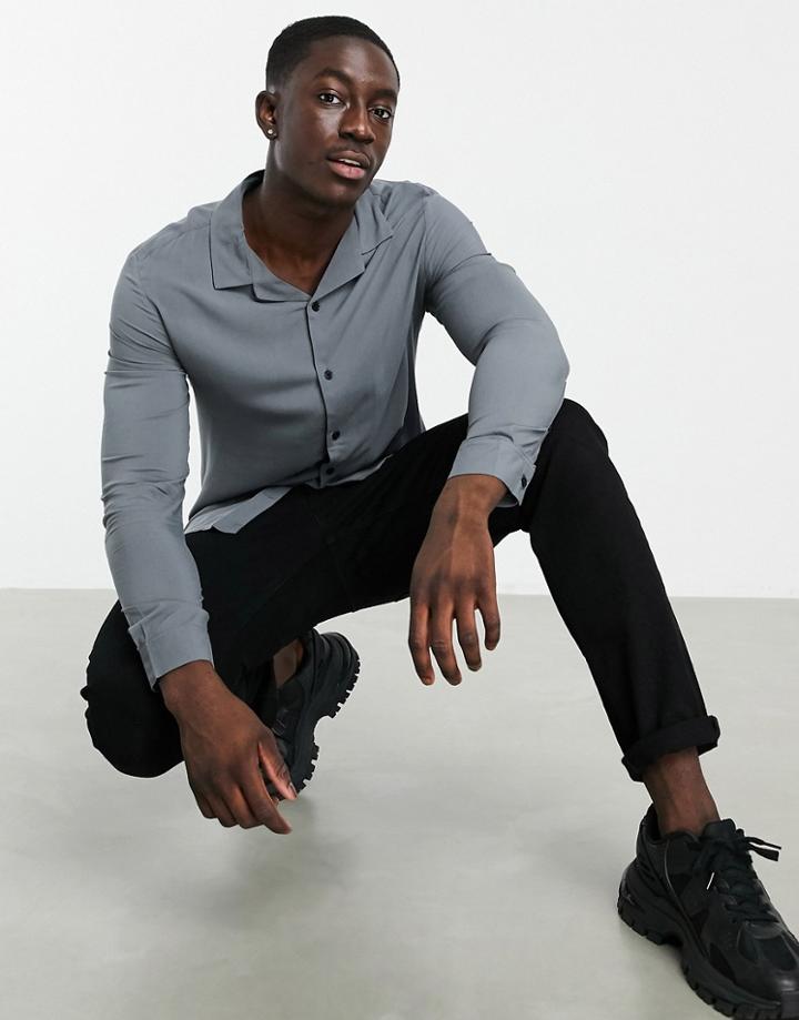 Asos Design Regular Fit Viscose Shirt With Revere Collar In Charcoal-grey