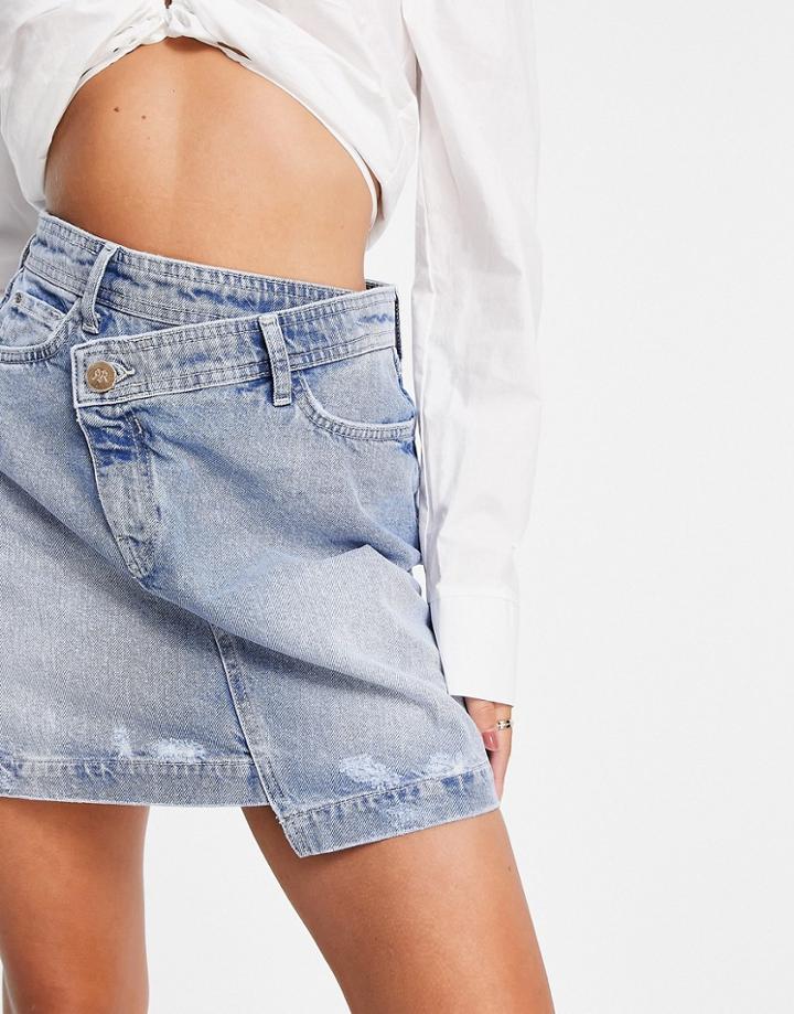 River Island Denim Mini Skirt With Stepped Waistband In Mid Blue-blues