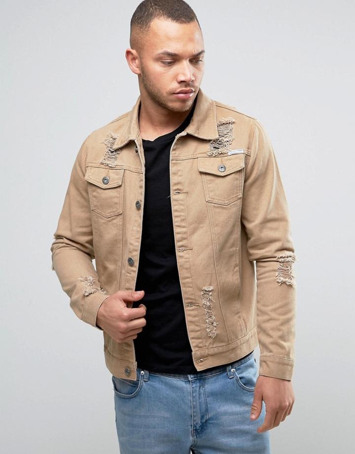 Liquor & Poker Ripped Denim Jacket Tan - Beige