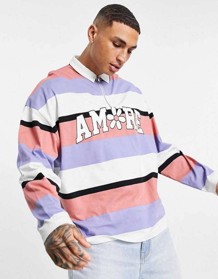 Asos Design Oversized Long Sleeve Striped Polo Shirt With Badge Print-multi