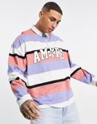 Asos Design Oversized Long Sleeve Striped Polo Shirt With Badge Print-multi