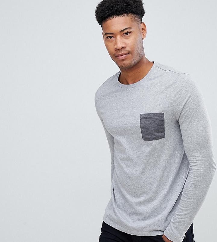 Asos Design Tall Long Sleeve T-shirt With Contrast Pocket In Gray Marl - Gray