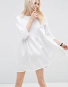 Asos Denim Smock Dress In White With Raw Hem - White