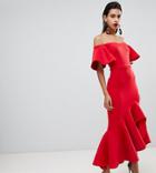 True Violet Bardot Midi Dress With Dramatic Frill Detail In Red