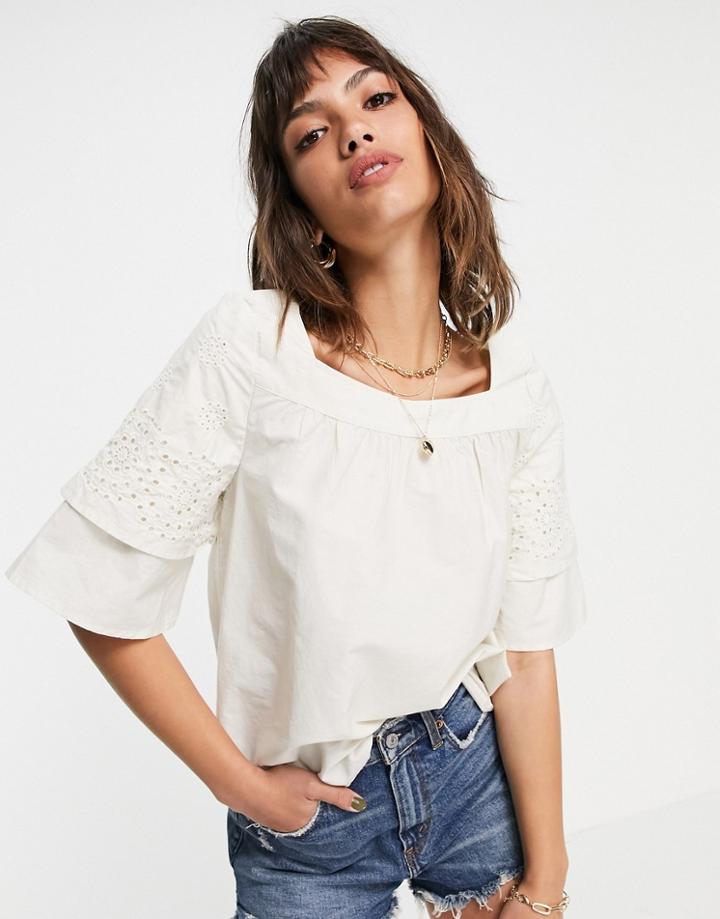 Vero Moda Cotton Eyelet Square Neck Top In Cream-white