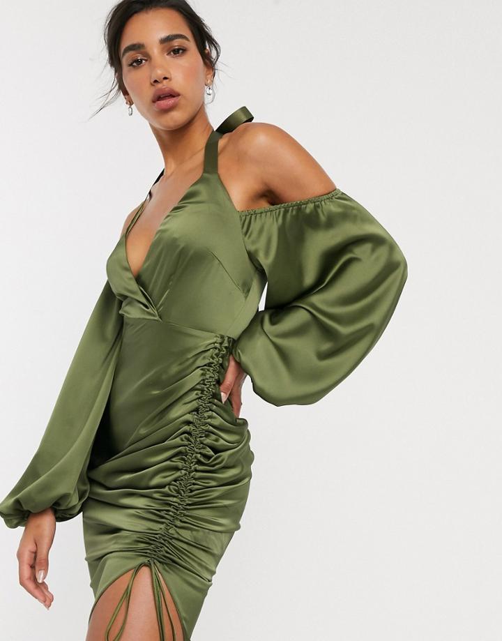Asos Design Copenhagen Midi Dress In Satin With Cuff Detail And Contrast Straps-green