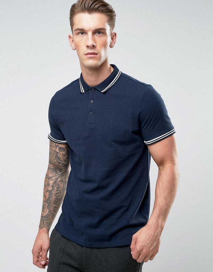 Asos Tipping Collar And Cuff Pique Polo Shirt - Navy