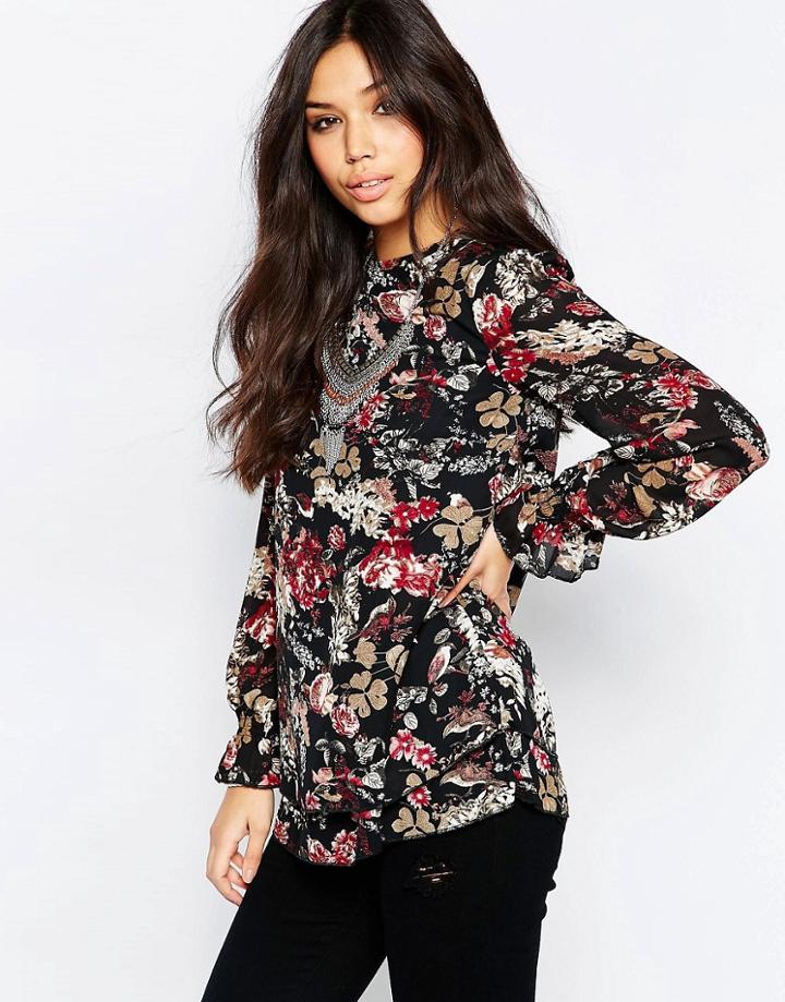 Iska Floral And Bird Print Tunic Top - Black