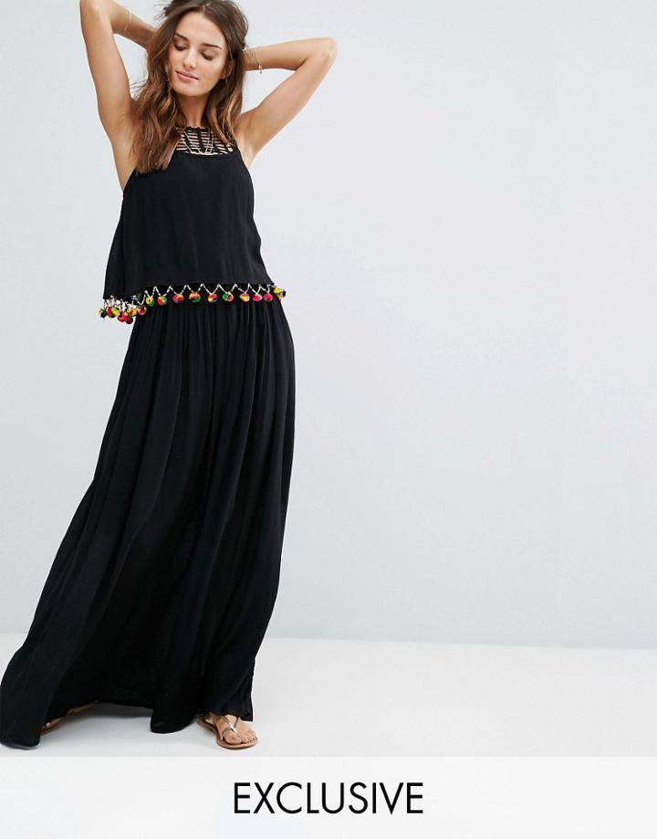 Akasa Frill Pom Pom Maxi Beach Dress - Black