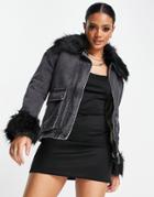 Parisian Denim Jacket With Faux Fur Cuff And Collar In Black