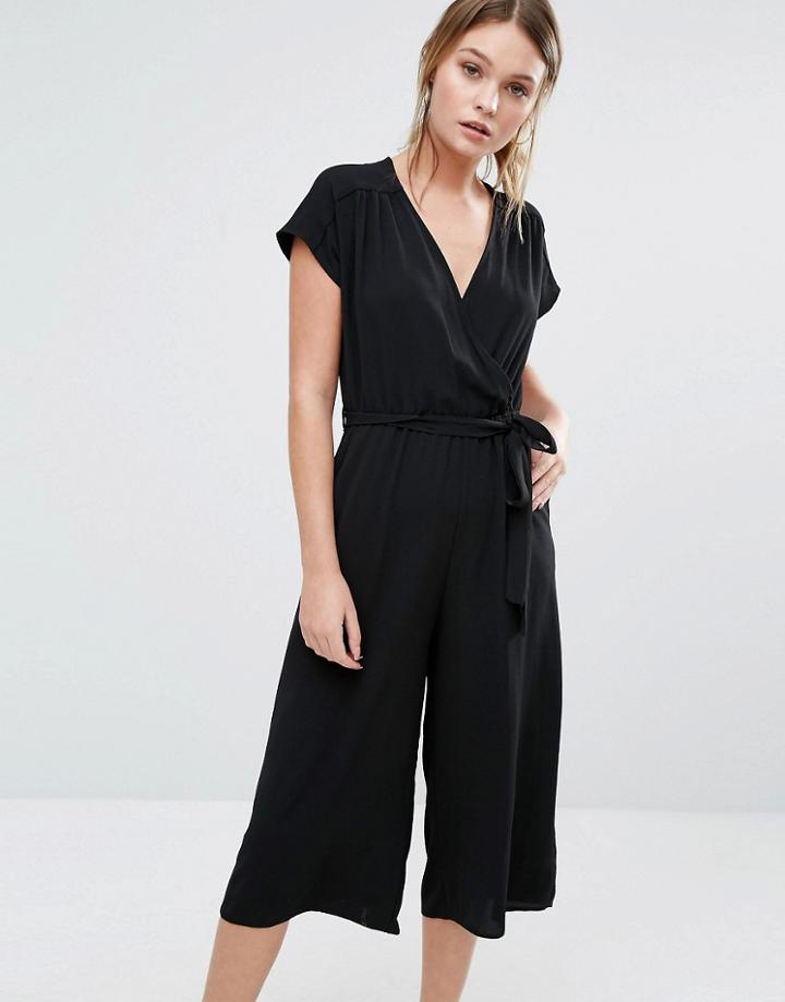 New Look Jersey Wrap Front Culotte Jumpsuit - Black