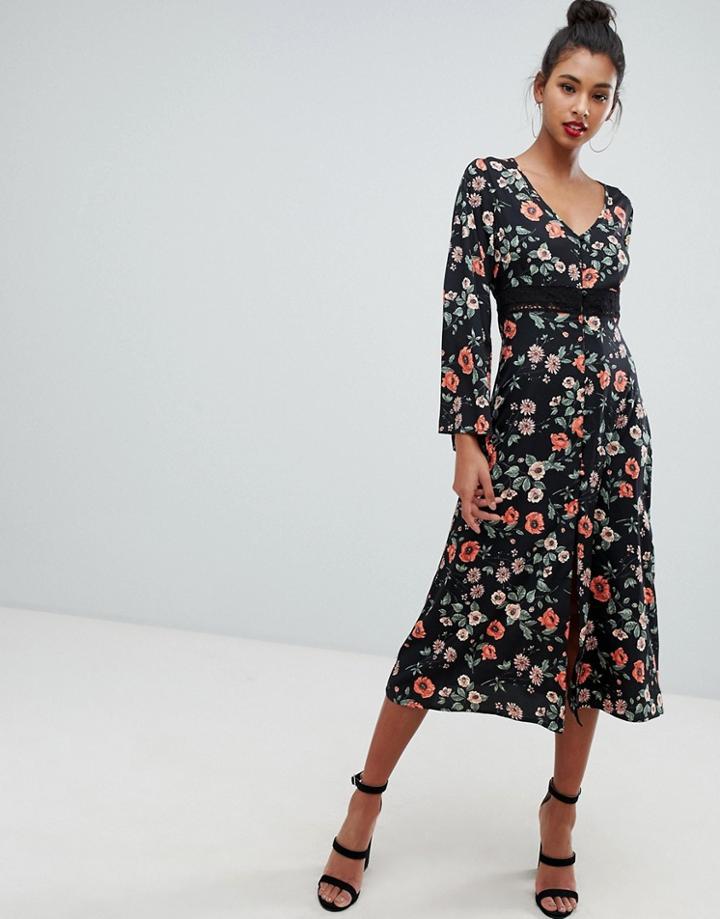 Prettylittlething Broderie Insert Midi Dress In Floral - Black